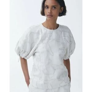COS Textured Puff Sleeve Top Cotton Linen Silk Blend White Beige Size 4